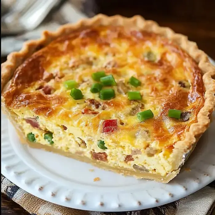 Quiche con corteza dorada, relleno de huevos, verduras y cebollín picado como decoración.