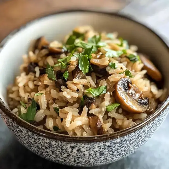 Un cuenco de arroz sazonado mezclado con champiñones en rodajas y decorado con perejil fresco.
