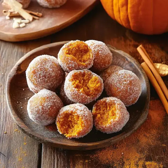 Un plato de madera con mini donas de calabaza cubiertas de azúcar y canela, algunas partidas al centro mostrando su relleno anaranjado.