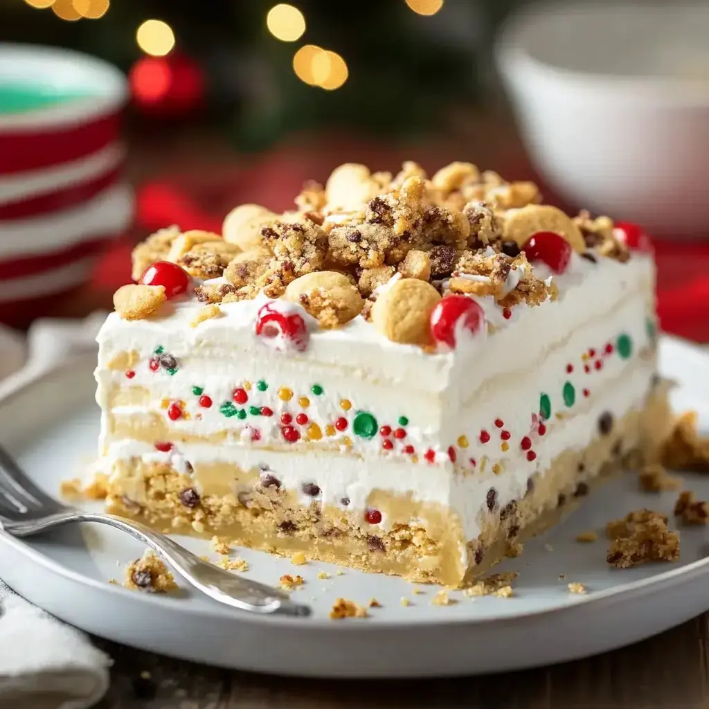 Una porción de postre en capas con galletas trituradas, cerezas rojas y sprinkles coloridos, servida en un plato con un tenedor.