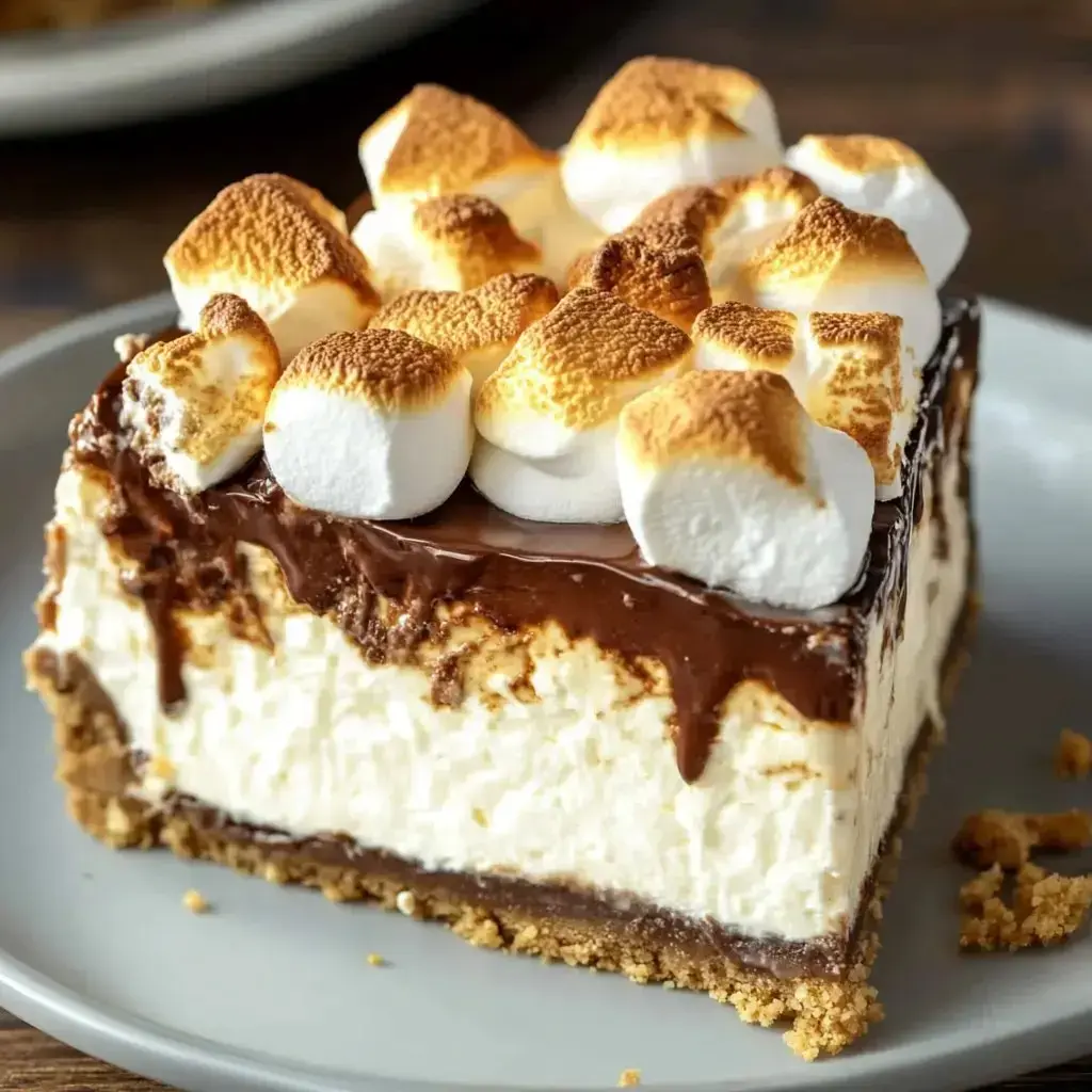 Rebanada de cheesecake con chocolate y malvaviscos tostados, un topping dorado y base de galleta crujiente.