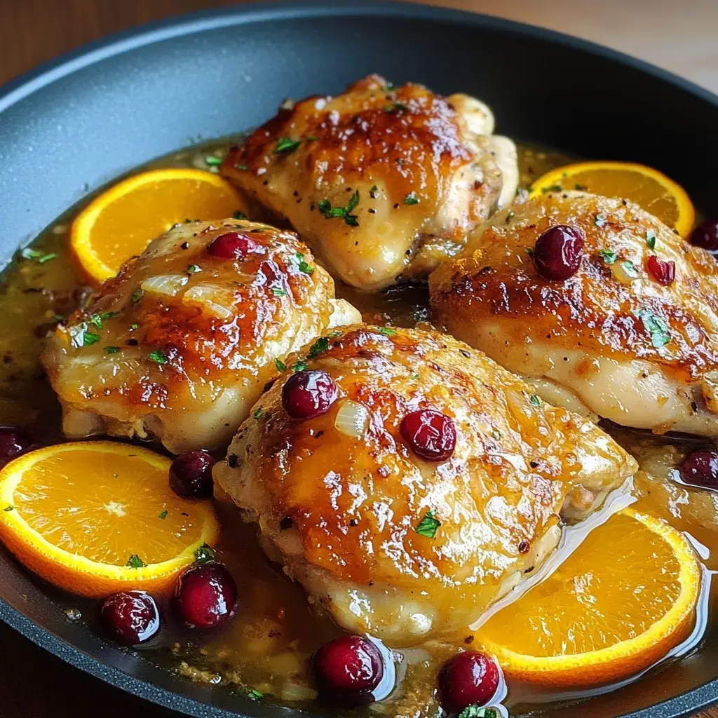Un primer plano de jugosos muslos de pollo adornados con arándanos y rodajas de naranja en una sabrosa salsa.