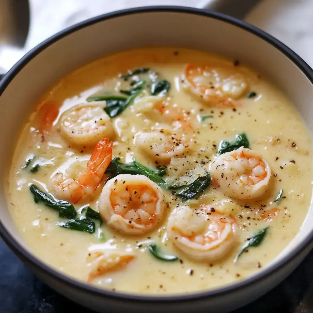 Un tazón de sopa cremosa con gambas y espinacas, decorada con pimienta negra.