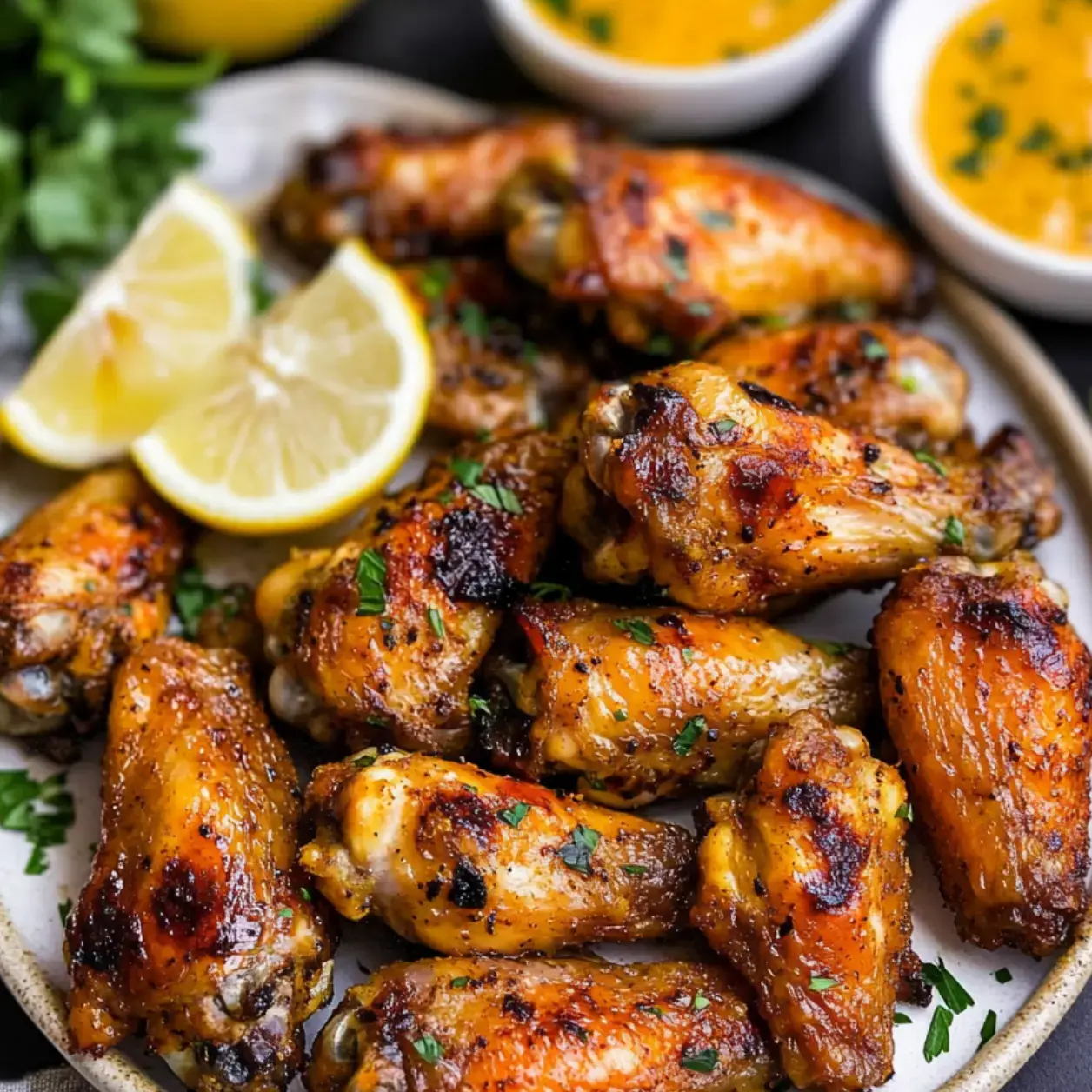 Un plato de alitas de pollo doradas decoradas con perejil y acompañadas de rodajas de limón y salsas para mojar.