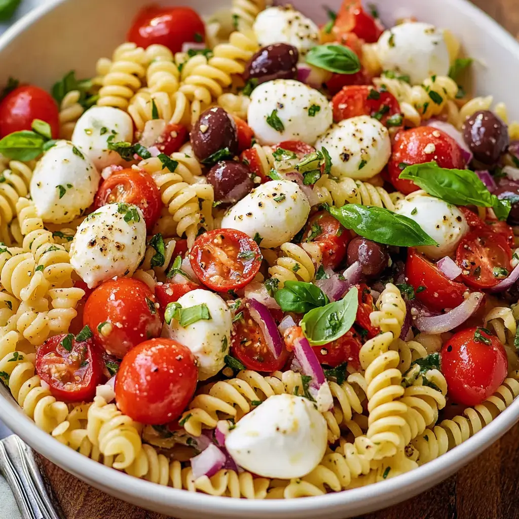 Un primer plano de un bol de ensalada de pasta con espirales, tomates cherry, bolitas de queso, aceitunas negras, cebolla roja y albahaca fresca, todo aderezado con hierbas y especias.