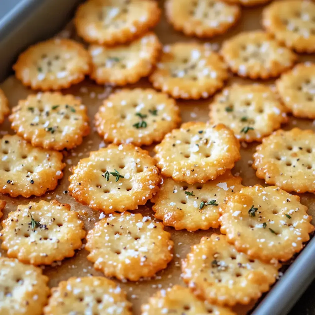 Un primer plano de galletas crujientes sazonadas con sal y tomillo, colocadas ordenadamente en una bandeja de hornear.