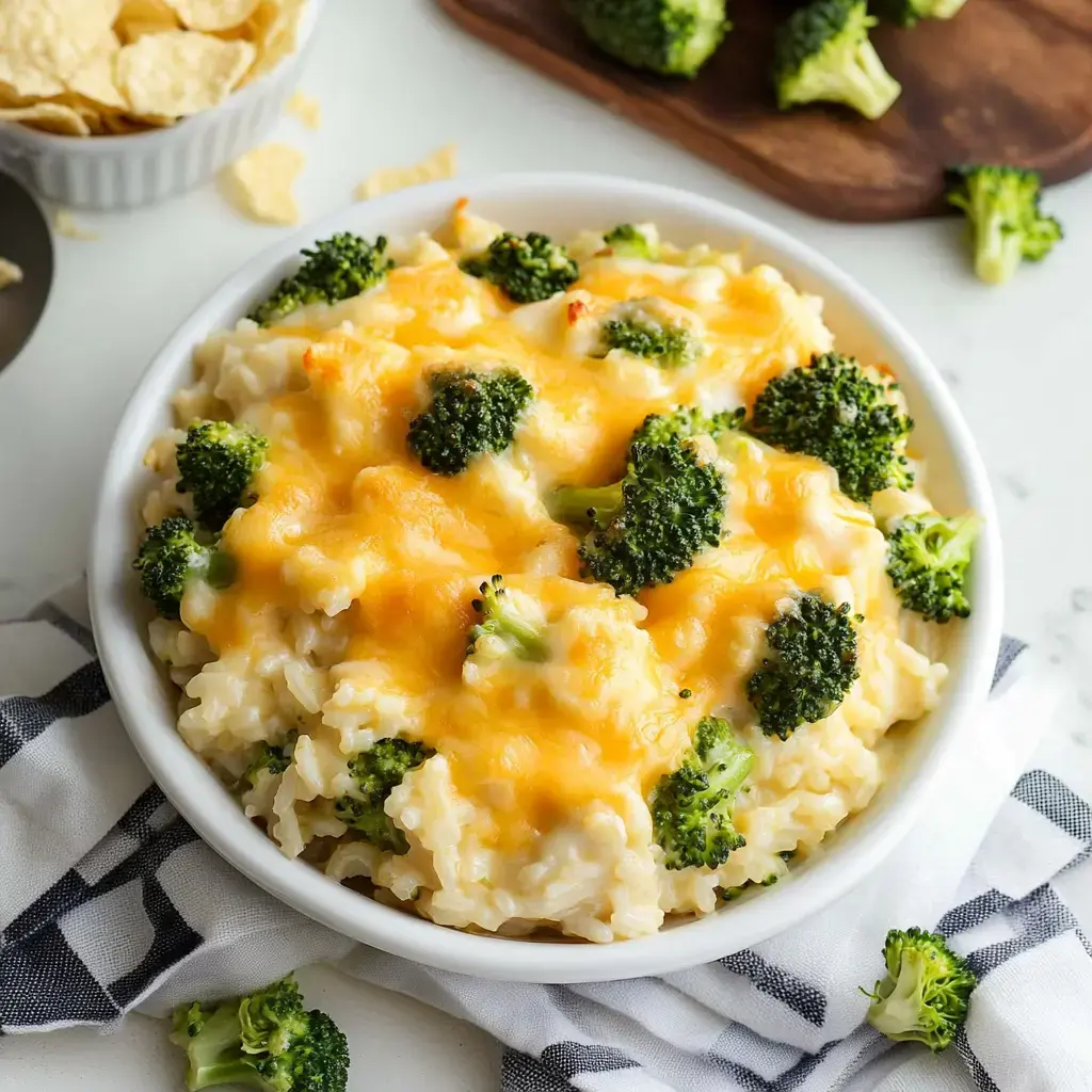 Un bol de arroz con brócoli y queso, cubierto con queso derretido y decorado con ramilletes de brócoli fresco.