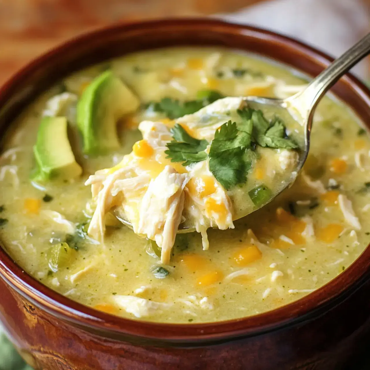 Una cucharada de sopa cremosa de pollo adornada con cilantro y rodajas de aguacate levantándose de un tazón.