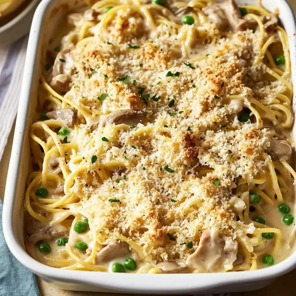 Un plato de pasta cremoso cubierto con pan rallado y decorado con guisantes verdes.