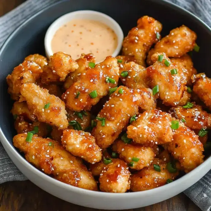 Un bol de trozos de pollo crujientes y dorados adornados con cebolletas y semillas de sésamo, acompañado de un pequeño plato de salsa para mojar.