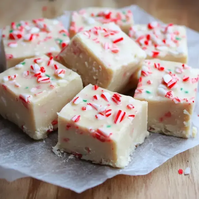 Un primer plano de cuadrados de dulce de menta cubiertos con trocitos de caramelo rojo y verde sobre papel pergamino.