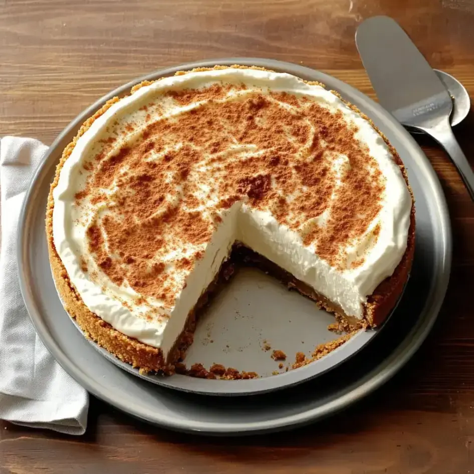 Un pastel de queso parcialmente cortado cubierto con nata montada y espolvoreado con canela, servido en un plato gris.