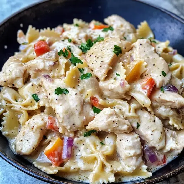 Un bol de pasta cremosa con pollo, pimientos y adornada con perejil.