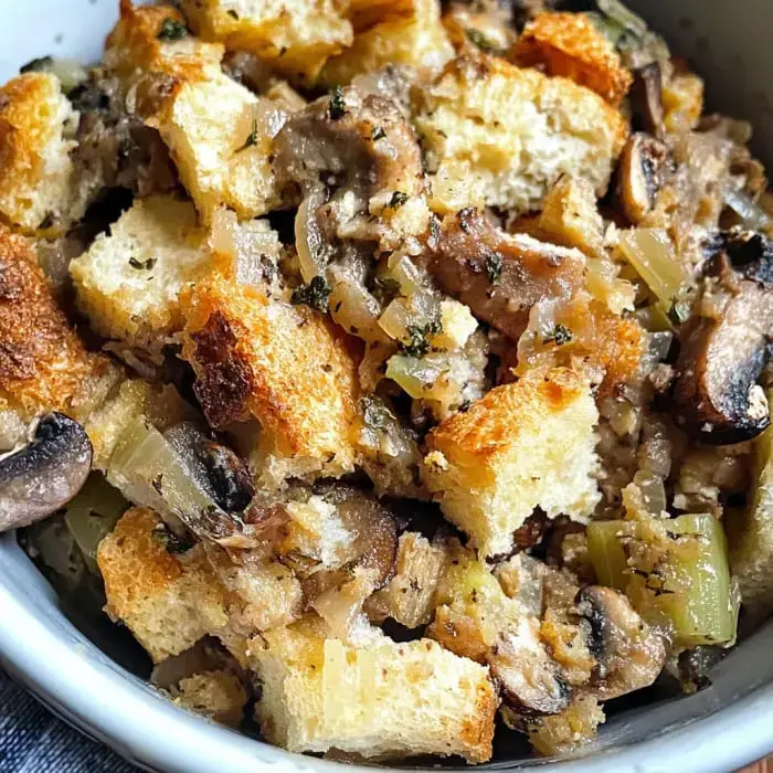 Un primer plano de un cuenco lleno de sabroso relleno hecho con pan, champiñones, apio y hierbas.