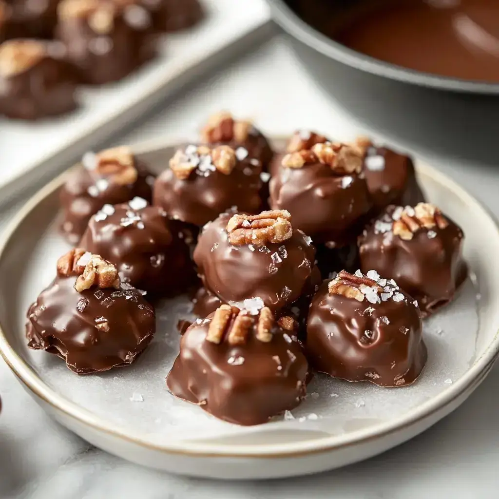 Un plato de dulces cubiertos de chocolate con nueces pecanas y sal marina espolvoreada.