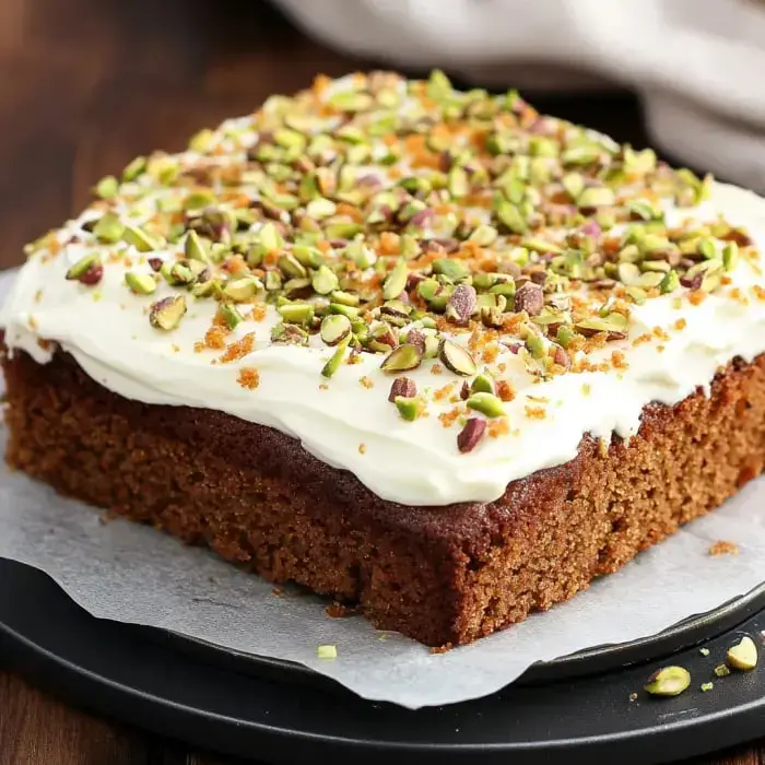 Un pastel rectangular cubierto con glaseado cremoso y decorado con pistachos picados y migas.