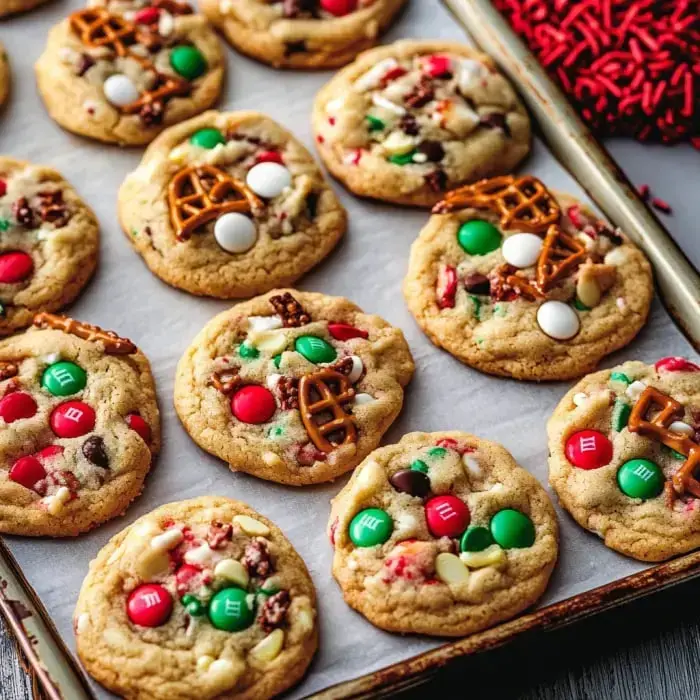 Una bandeja de galletas recién horneadas decoradas con dulces coloridos, pretzelitos y fideos festivos.