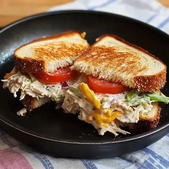 Un sándwich tostado relleno de ensalada de pollo, lechuga, tomate y queso, servido en un plato negro.
