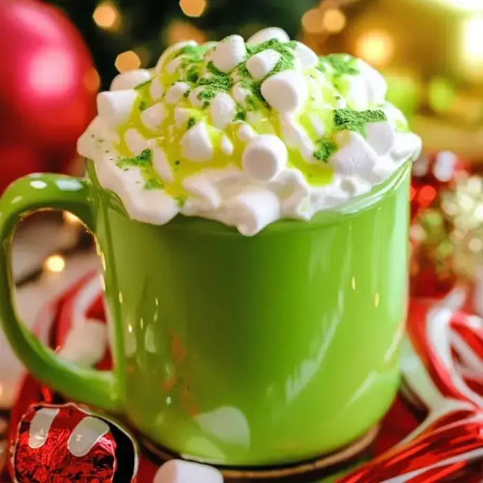 Una taza verde brillante llena de nata montada, adornos coloridos y nubes, colocada sobre un fondo festivo.