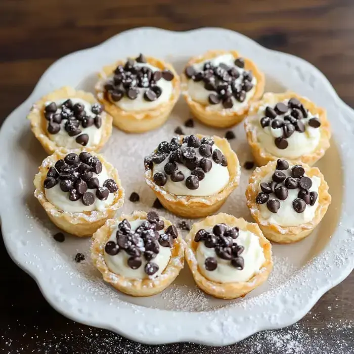 Un plato con tartaletas de postre rellenas de crema y coronadas con chispas de chocolate, espolvoreadas con azúcar glass.