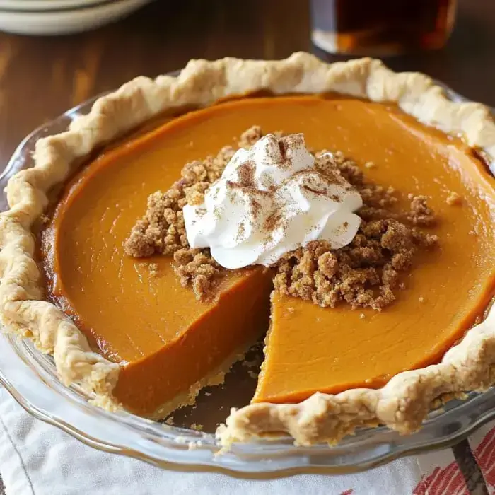 Un pastel de calabaza con una porción retirada, cubierto con crema batida y topping desmenuzado, presentado en un molde de cristal.
