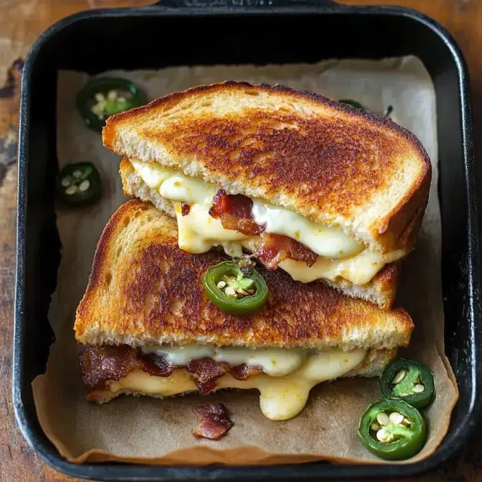 Un primer plano de un sándwich de queso fundido perfectamente tostado con tocino, apilado y decorado con rodajas de jalapeños.