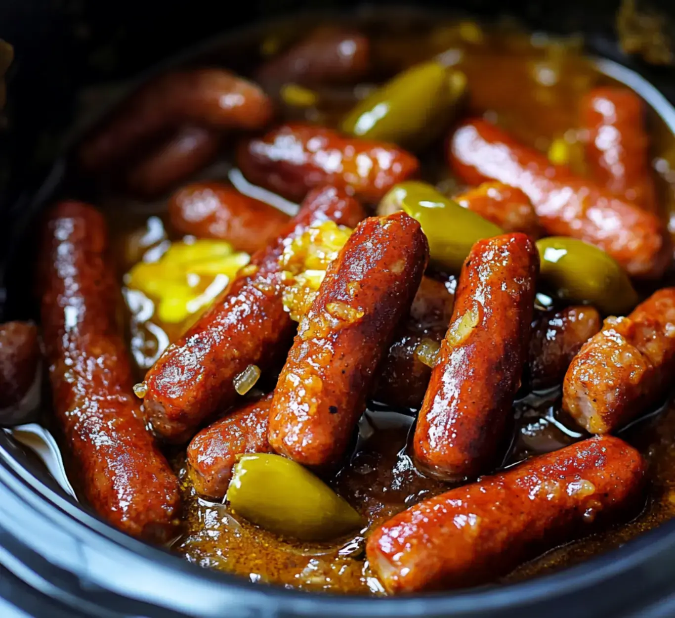 Un primer plano de salchichas cocinadas en una salsa sabrosa, adornadas con cebolla picada y pimientos verdes en una olla de cocción lenta.