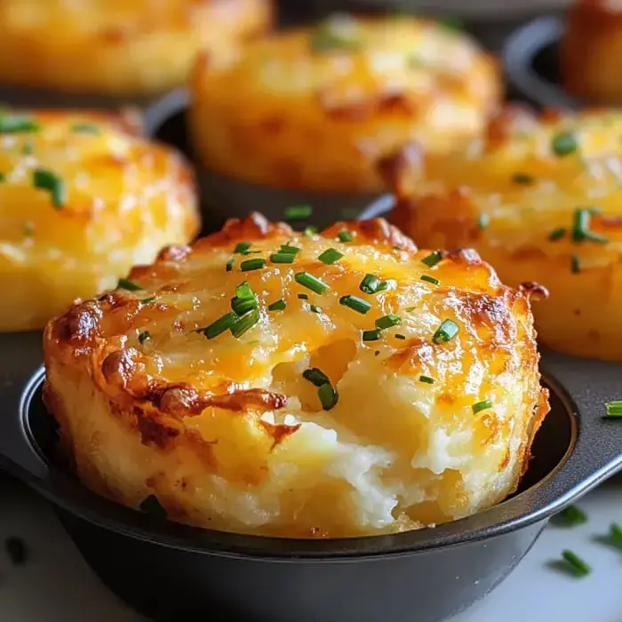 Un primer plano de tortitas de patata doradas con queso y decoradas con cebollino picado en un molde de muffins.