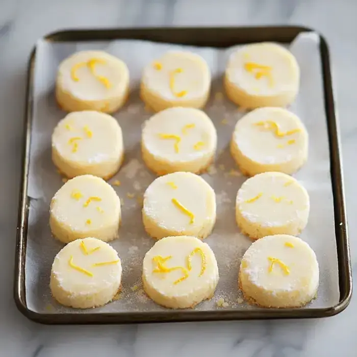 Una bandeja mostrando galletas circulares con sabor a limón, cubiertas de azúcar y finas tiras de ralladura amarilla encima.
