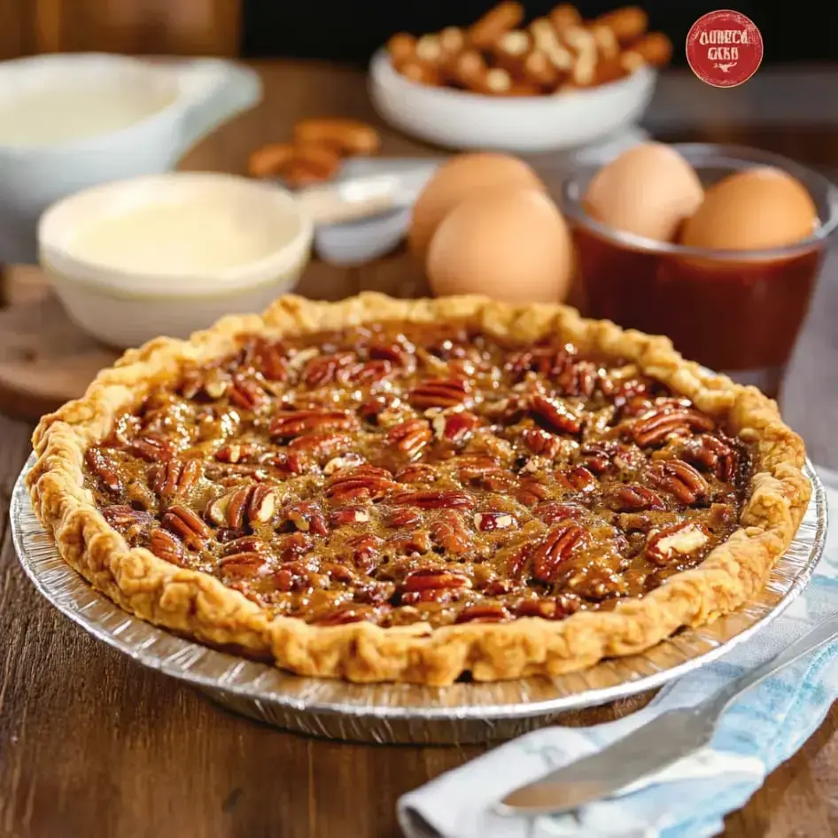 Una tarta de pacanas recién horneada se muestra en una mesa de madera, acompañada de boles con ingredientes incluyendo huevos y nata, y un vaso de jarabe.