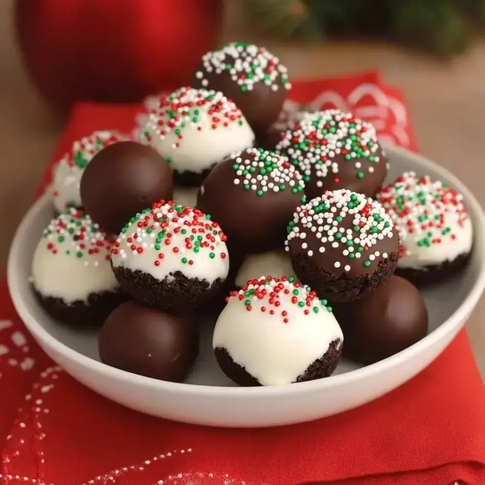 Un plato de trufas festivas cubiertas de chocolate y blanco decoradas con chispitas rojas y verdes, organizadas sobre un mantel rojo.