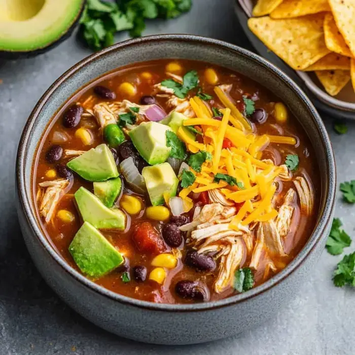 Un cuenco de sabrosa sopa de pollo con frijoles negros, maíz, tomates picados, aguacate, queso rallado y cilantro como guarnición, acompañada de un plato de totopos.