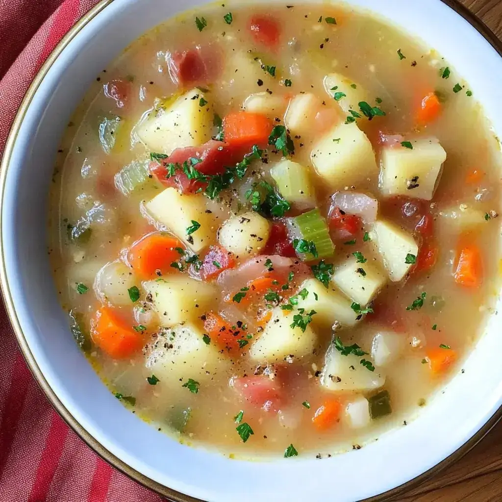 Un tazón de sopa de verduras con patatas, zanahorias, apio, tomates en dados y adornada con perejil.