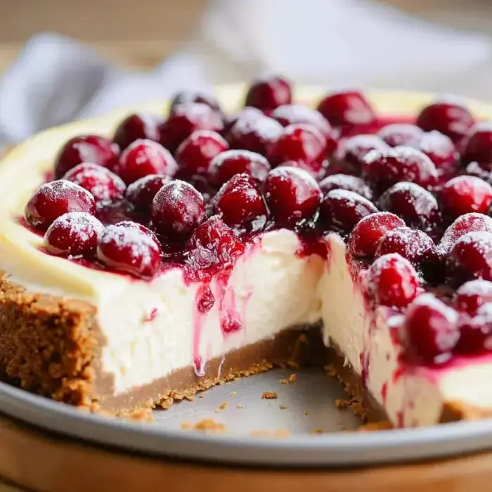 Una tarta de queso parcial cubierta con salsa brillante de arándanos rojos y arándanos enteros, sobre una base desmenuzable.
