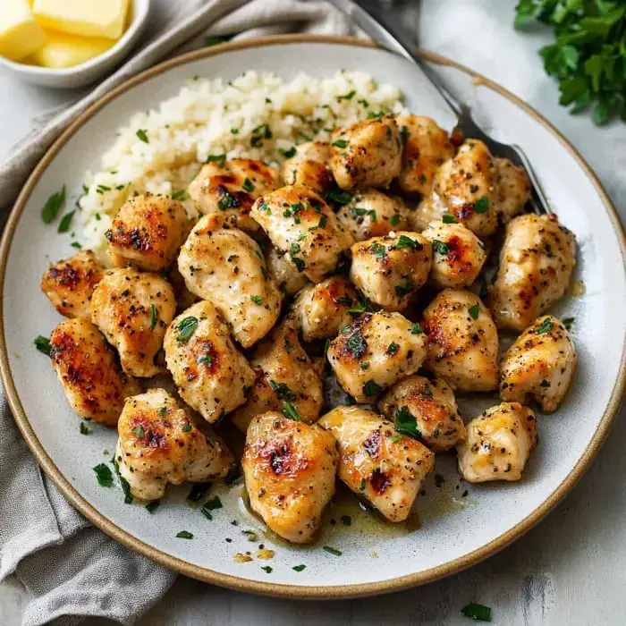 Un plato de trozos de pollo dorados y sazonados servidos con arroz esponjoso y decorados con hierbas.