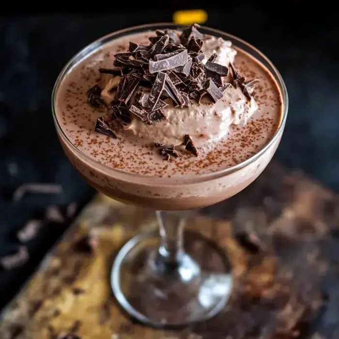 Una copa de postre llena de mousse de chocolate cubierta con nata montada y virutas de chocolate.