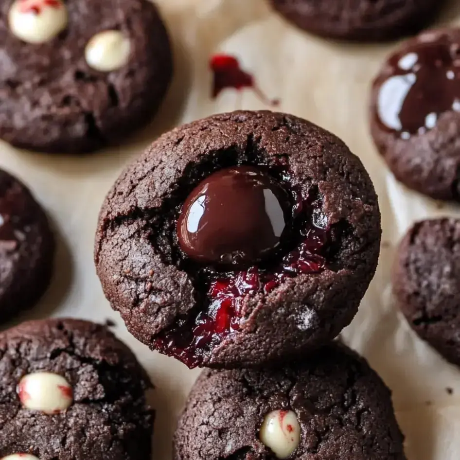 Un primer plano de galletas de chocolate cubiertas con un brillante ganache de chocolate y rellenas de mermelada de frambuesa.
