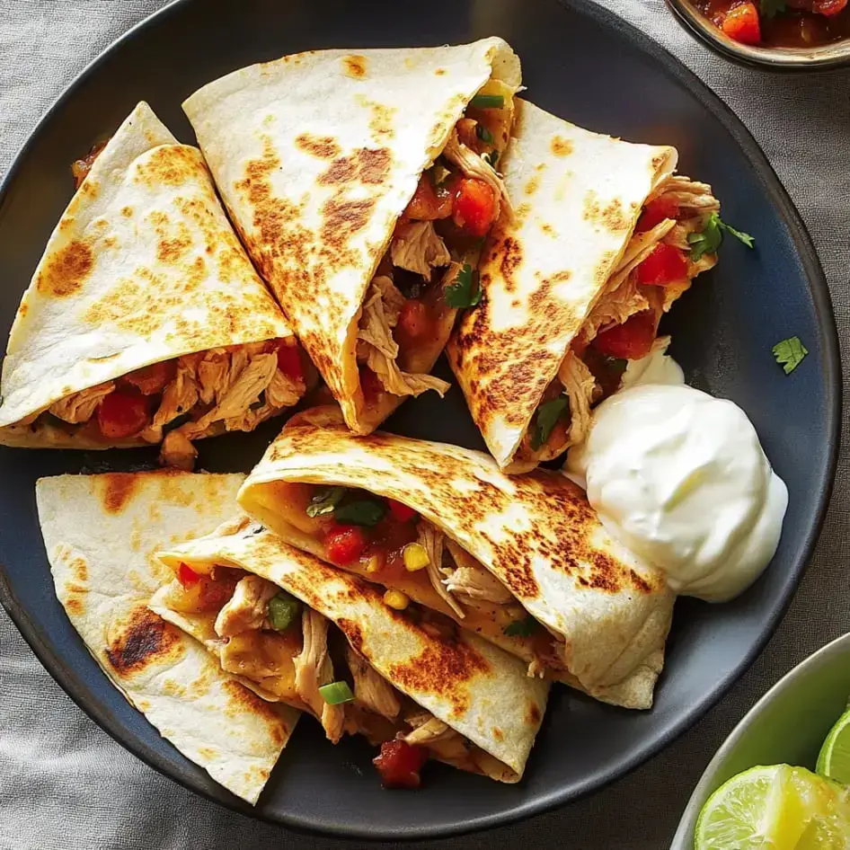 Un plato con cinco tortillas crujientes rellenas de pollo, adornadas con tomate picado y servidas con crema agria al lado.