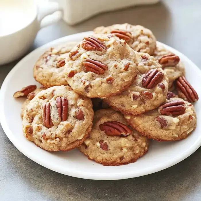 Un plato de galletas recién horneadas cubiertas con nueces pecanas.