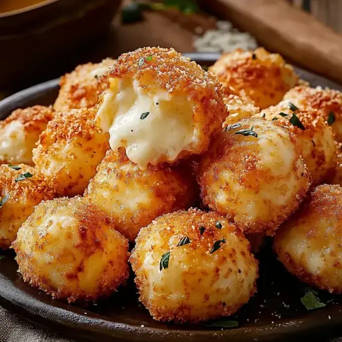 Un plato de bolitas de queso doradas y crujientes, con una mordida que revela un relleno de queso derretido.