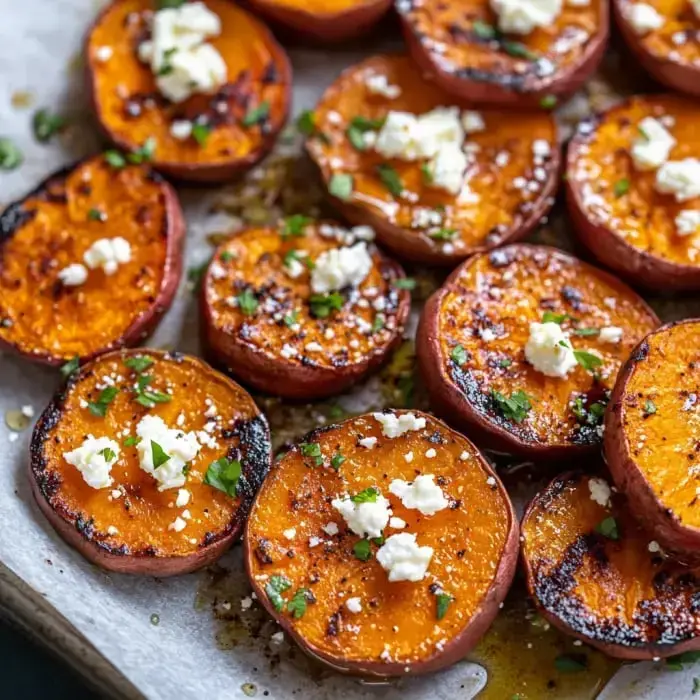 Rodajas de camote asado cubiertas con queso feta desmoronado y hierbas frescas en una bandeja para hornear.