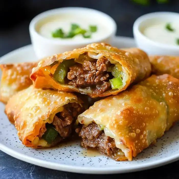 Un plato de rollitos crujientes rellenos de carne y pimientos verdes, servidos con dos pequeños cuencos de salsa para mojar.