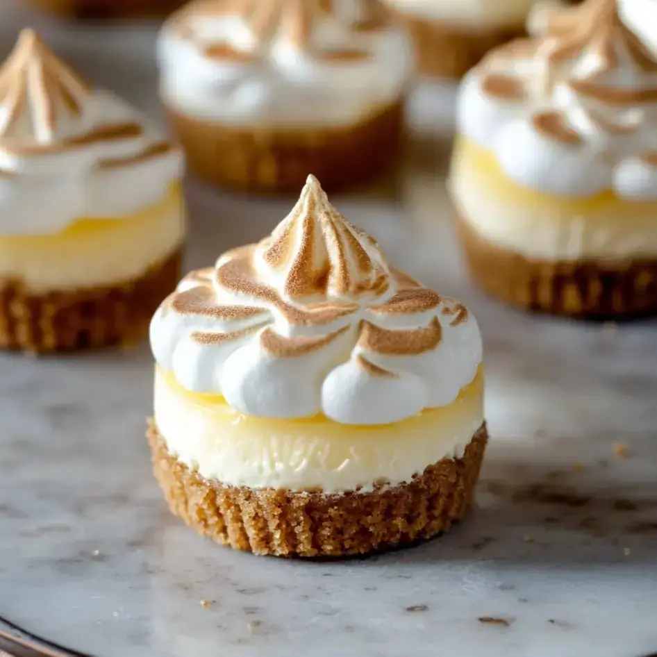Un primer plano de una mini tarta de limón con merengue con base de galleta graham y espirales de merengue tostado encima.