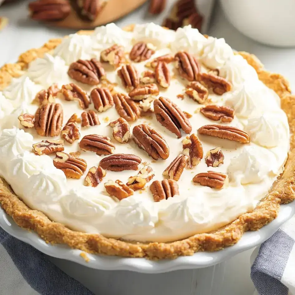 Un delicioso pastel de nueces cubierto con nata montada y nueces enteras en un plato blanco.