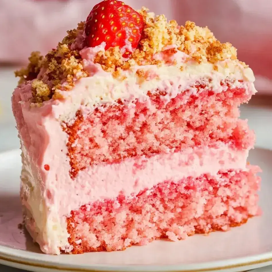 Primer plano de una porción de tarta rosa de fresa coronada con una fresa entera y migas crujientes.