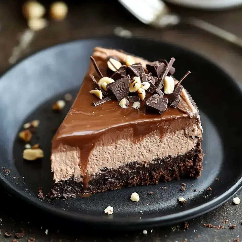 Una porción de pastel de chocolate con relleno cremoso de chocolate y base de galletas de chocolate, decorado con virutas de chocolate y avellanas picadas, servido en un plato negro.