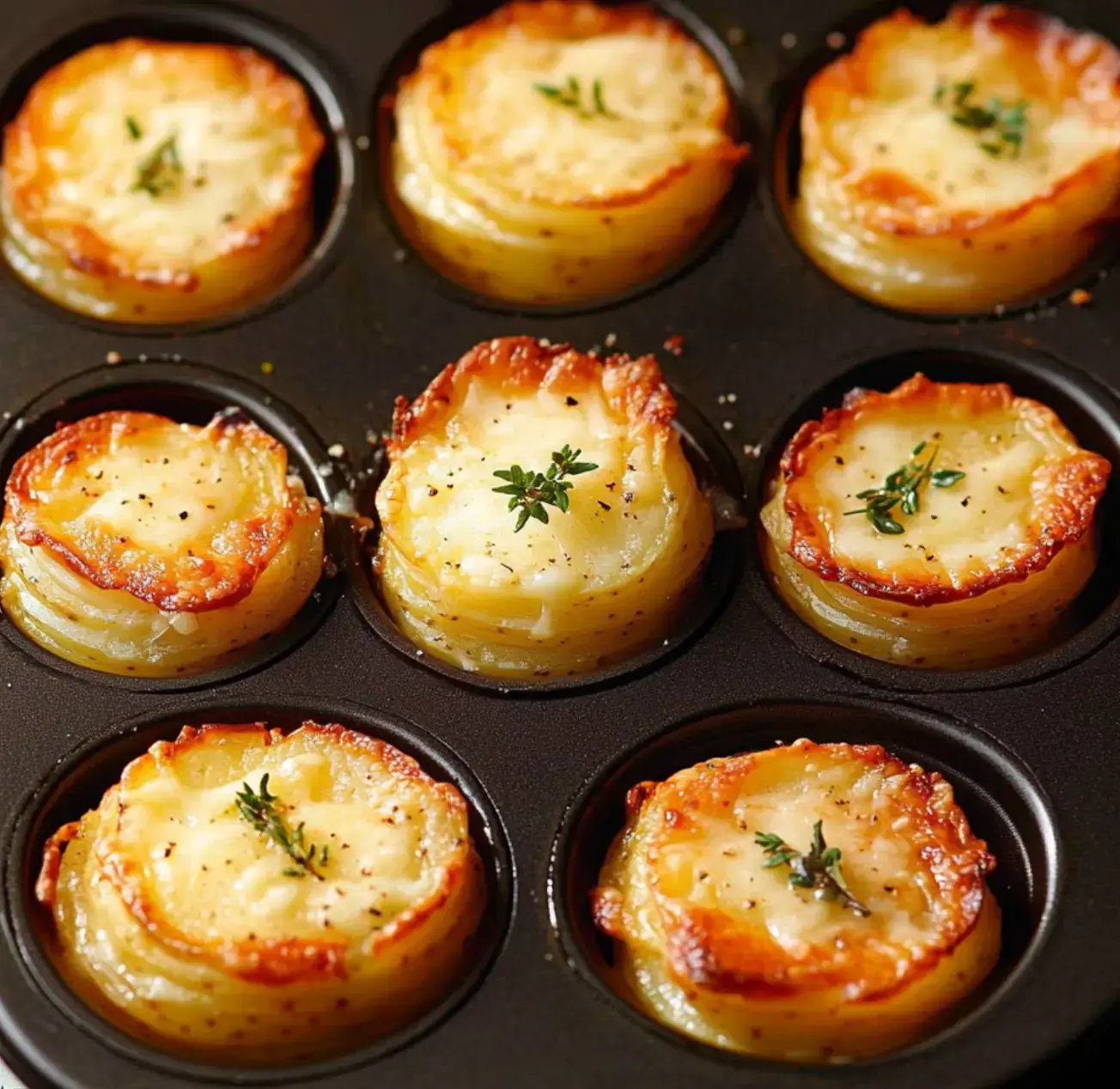 Un molde de magdalenas lleno de mini gratinados de patata doraditos cubiertos con queso fundido y tomillo fresco.