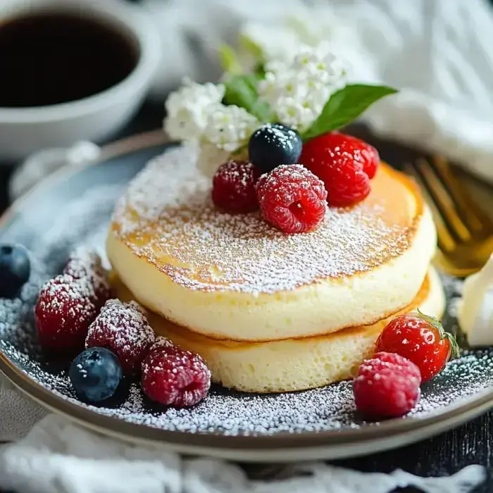 Pancakes apilados cubiertos con bayas frescas, azúcar glas y una ramita de verdura, servidos en un plato con una taza de café en el fondo.