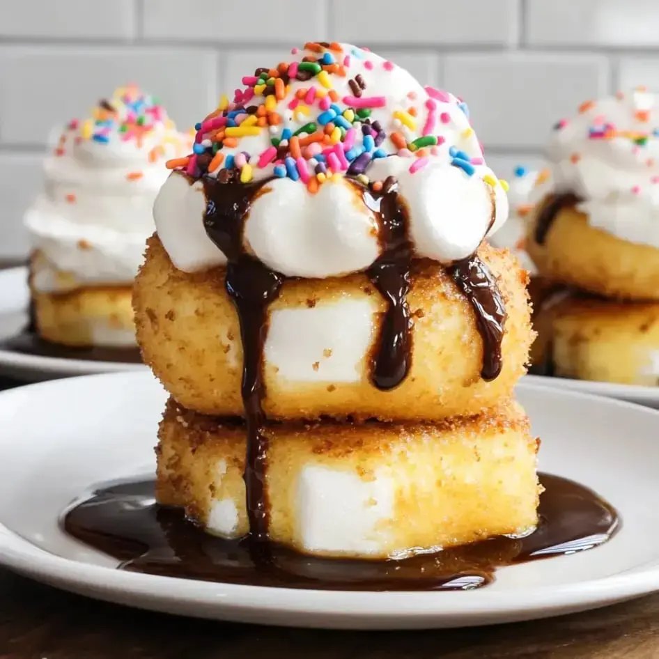 Un montón de dos pasteles dorados y crujientes cubiertos con nata montada, salsa de chocolate y confites de colores, servidos en un plato blanco.