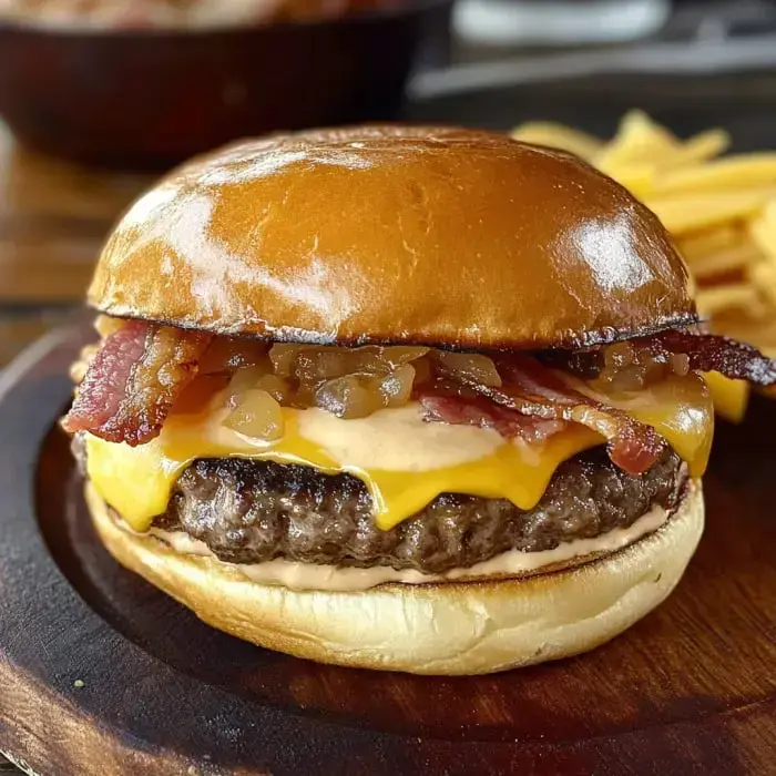 Una jugosa hamburguesa con queso derretido, tocino y cebollas salteadas sobre un pan tostado, acompañada de patatas fritas.